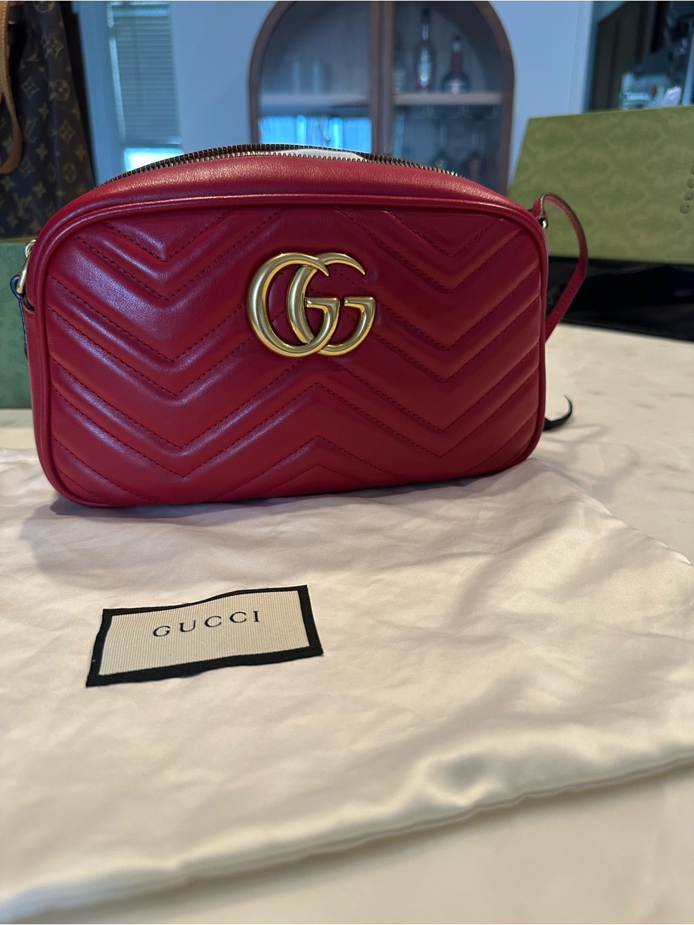 Gucci GG Red Marmont Matelasse Camera Bag
